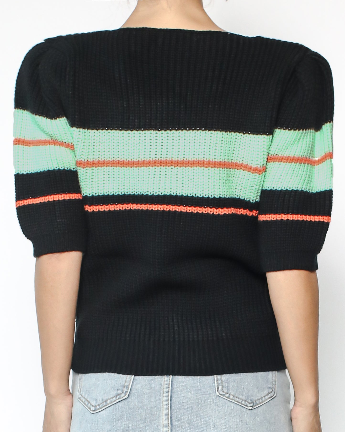 black & green stripe panel short sleeves knitted top *pre-order*