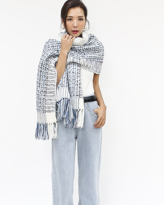 blue & ivory tassels knitted scarf *pre-order*