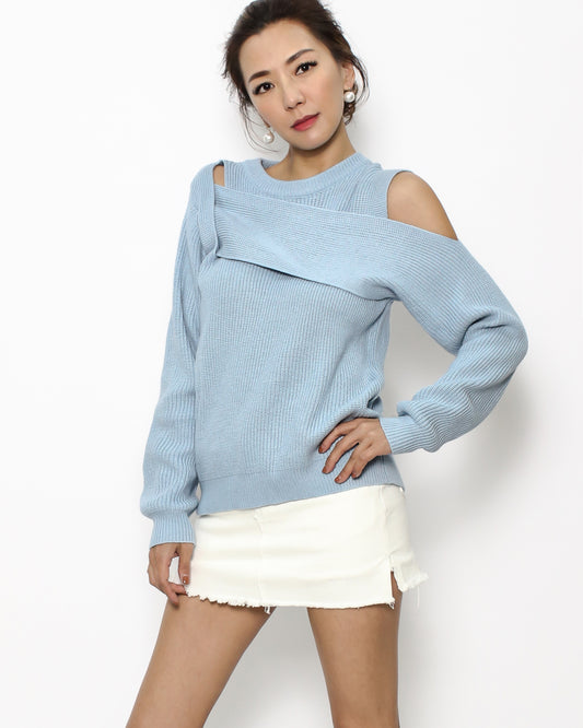 blue cutout shoulder knitted top *pre-order*