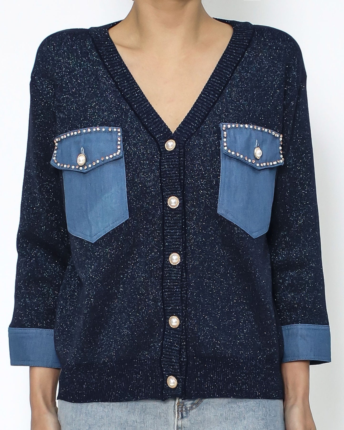 navy luxe knitted & denim pockets & cuffs cardigan *pre-order*