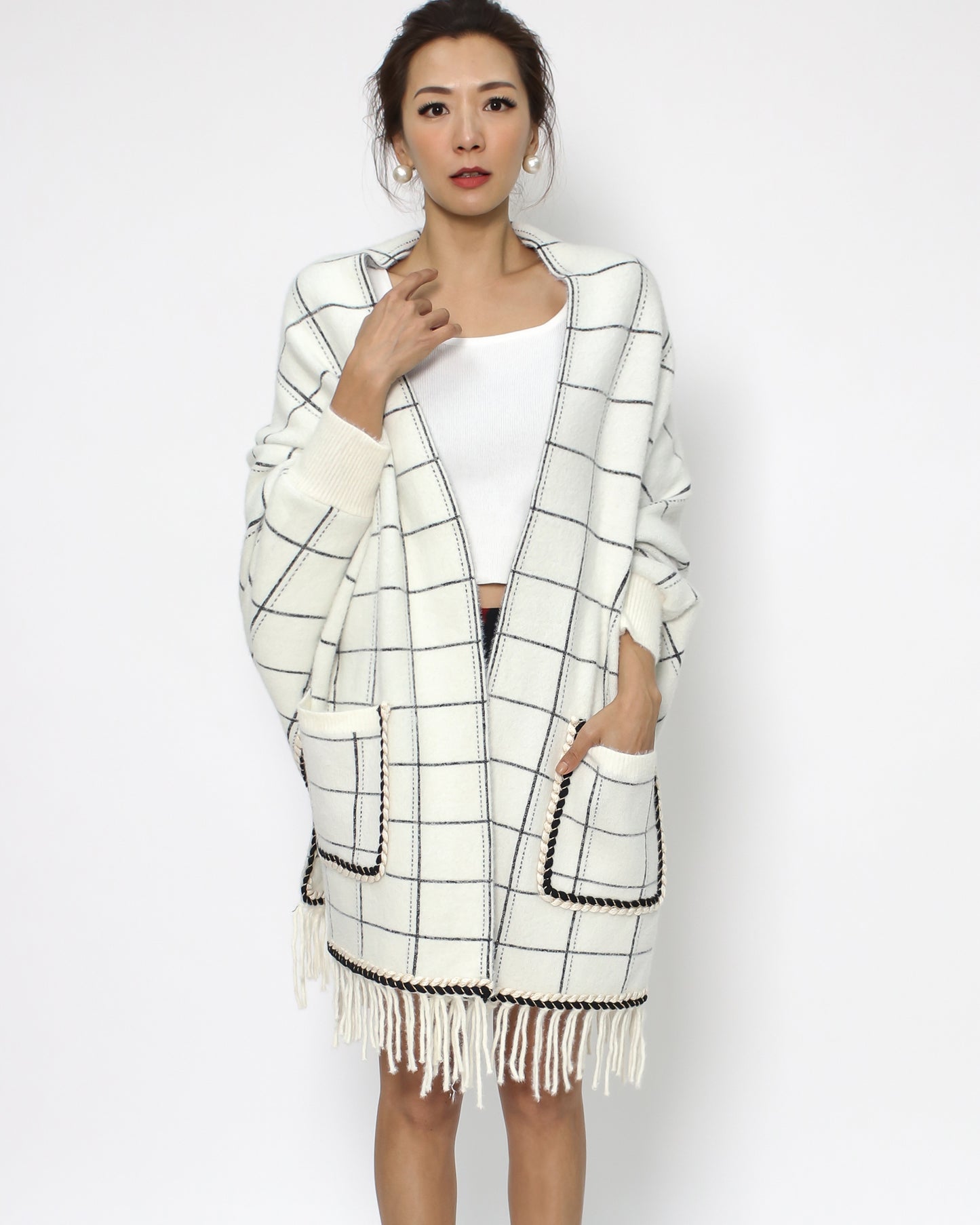 ivory checkers knitted tassels poncho *pre-order*