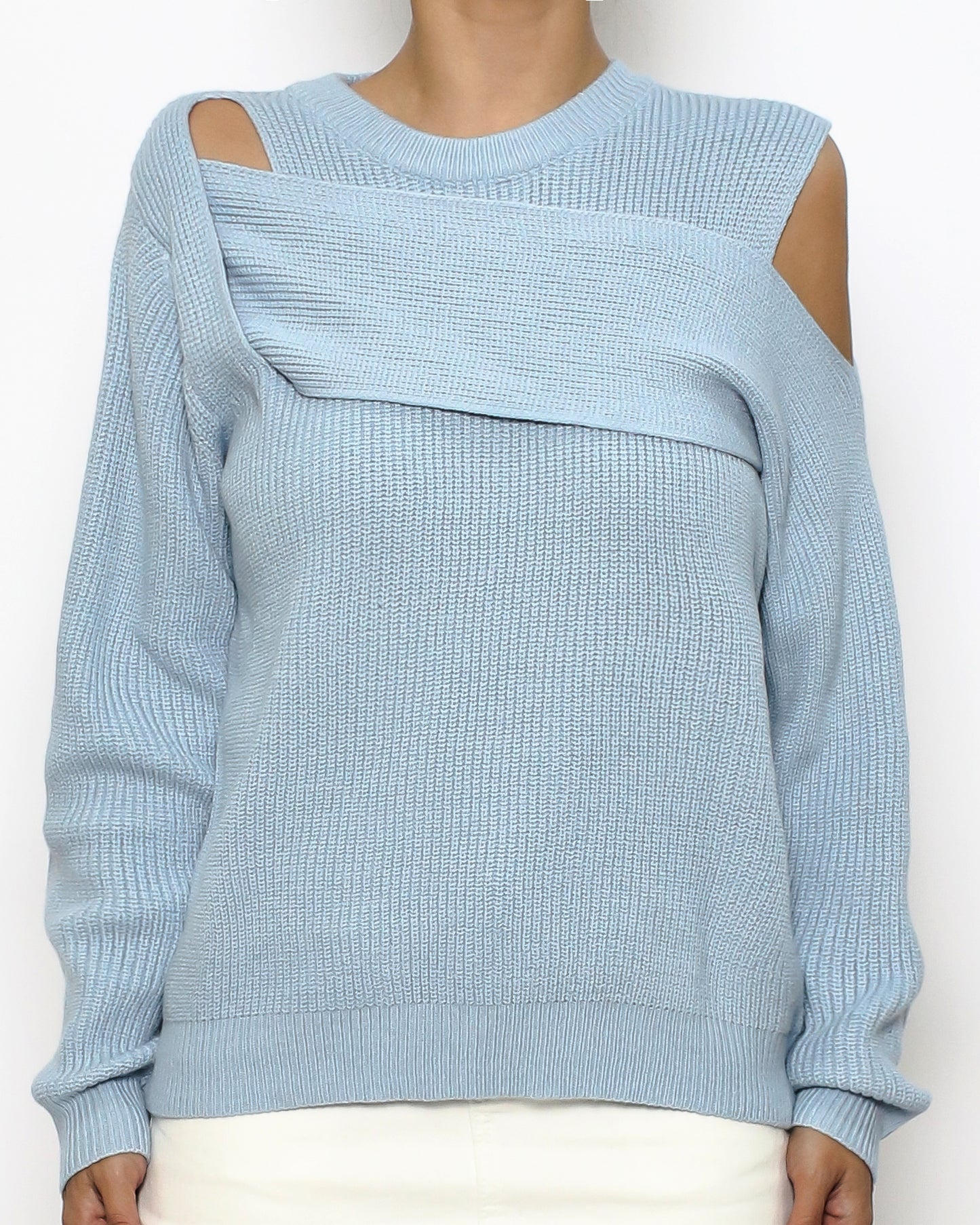 blue cutout shoulder knitted top *pre-order*