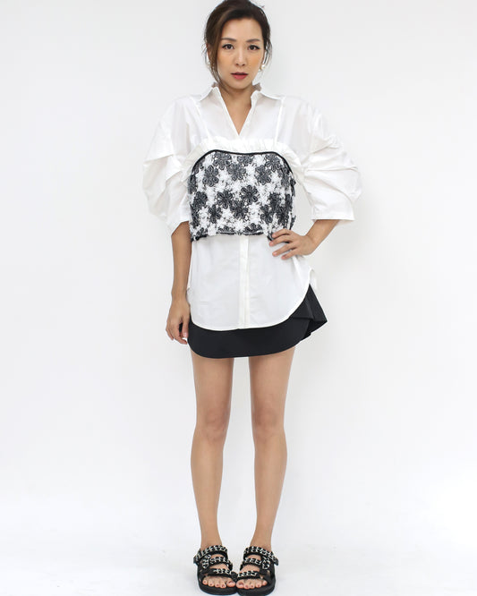 ivory ruched sleeves shirt w/ black lace slip *pre-order*