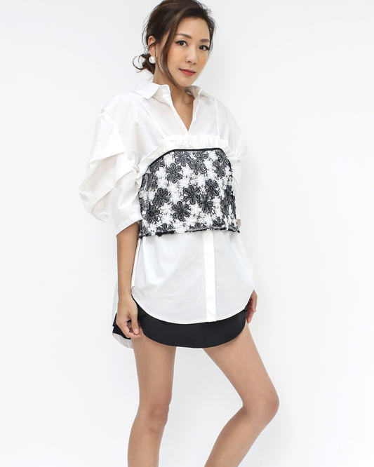 ivory ruched sleeves shirt w/ black lace slip *pre-order*