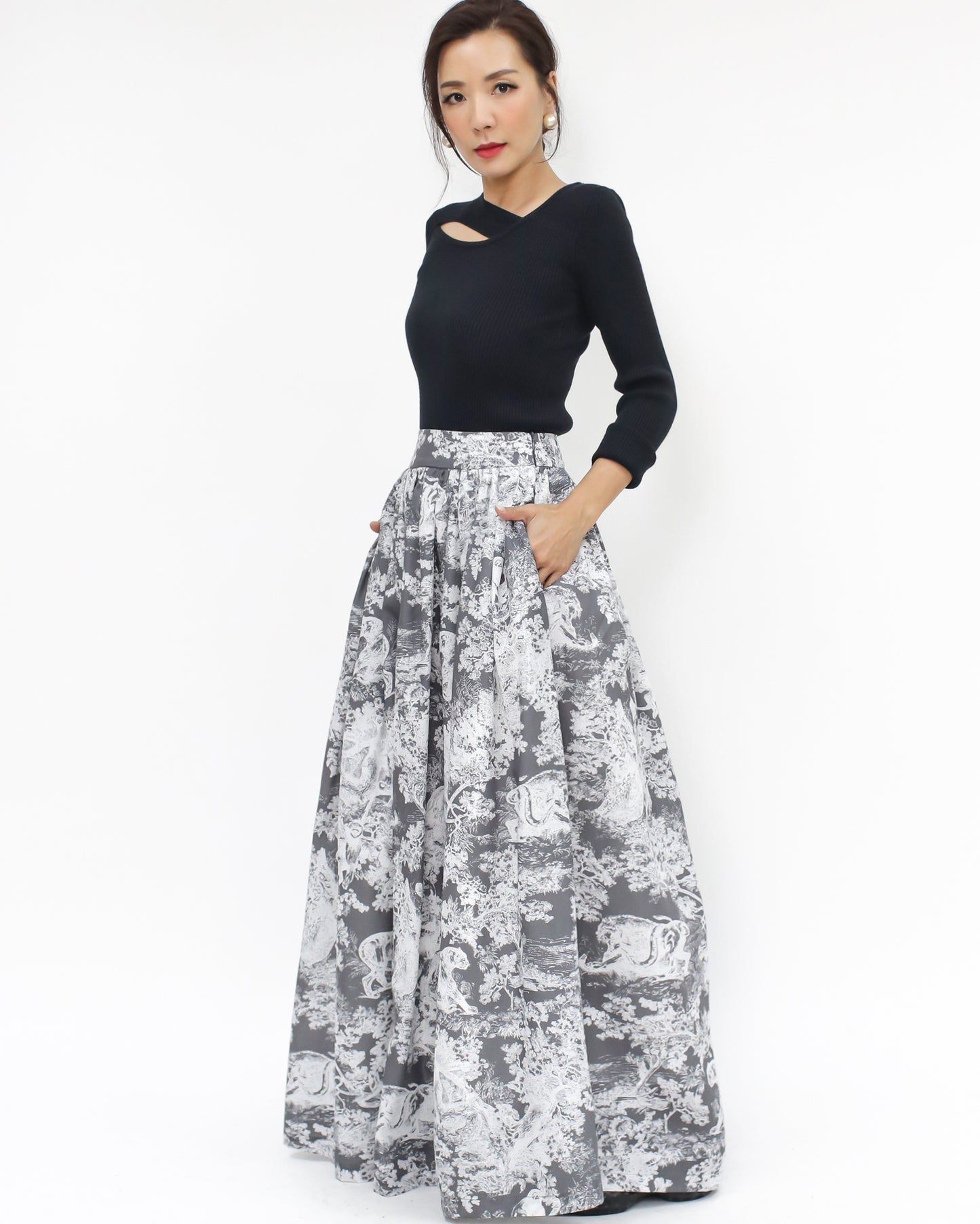 grey & ivory printed maxi skirt *pre-order*