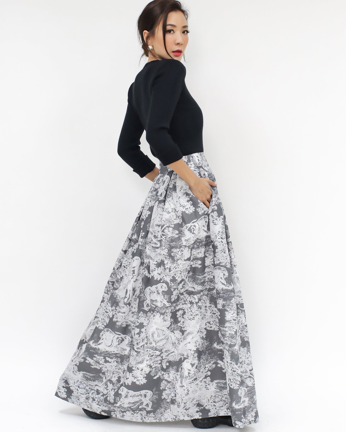 grey & ivory printed maxi skirt *pre-order*