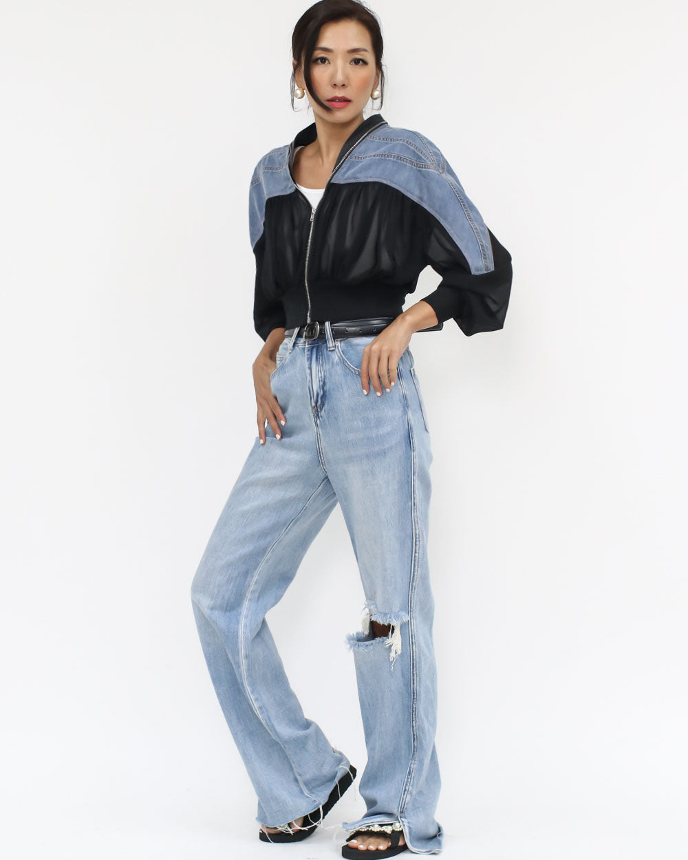 denim & black mesh cropped jacket *pre-order* – STYLEGAL