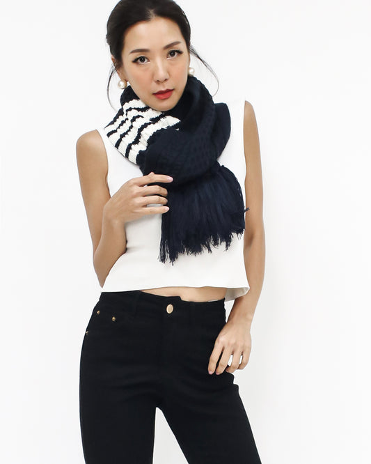 navy & ivory stripes tassels scarf