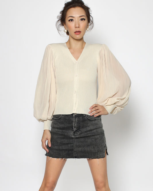 beige & mesh pleats sleeves knitted top *pre-order*