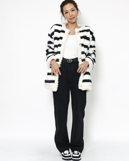 black & ivory stripes furry bomber jacket *pre-order*