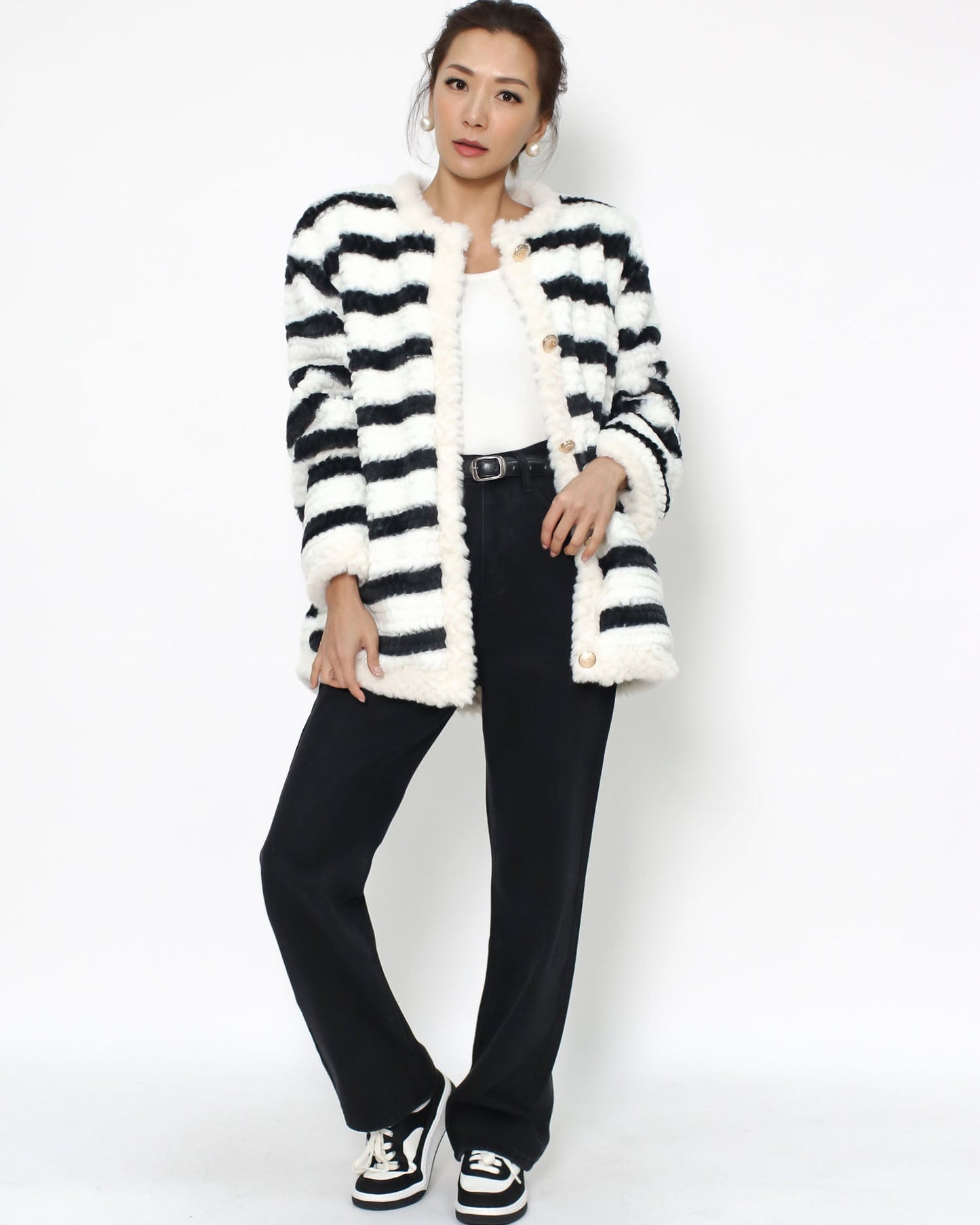 black & ivory stripes furry bomber jacket *pre-order*