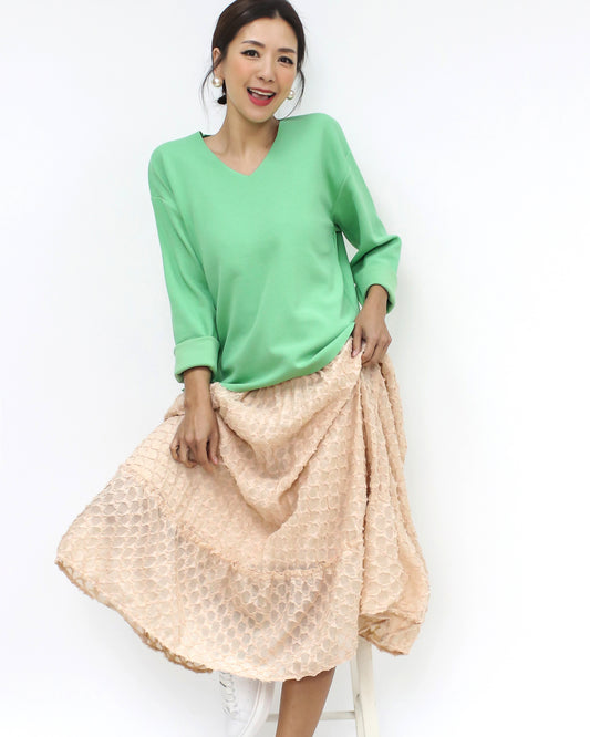 green basic V neck knitted top