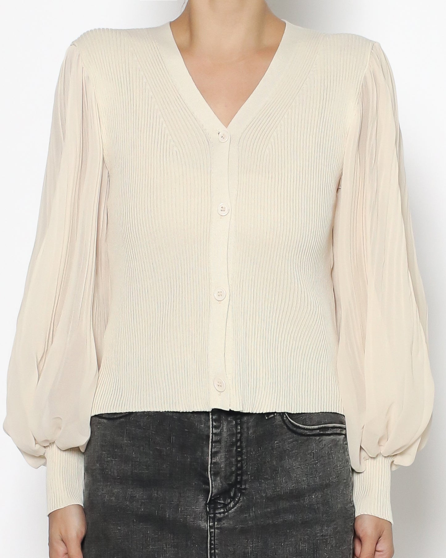 beige & mesh pleats sleeves knitted top *pre-order*