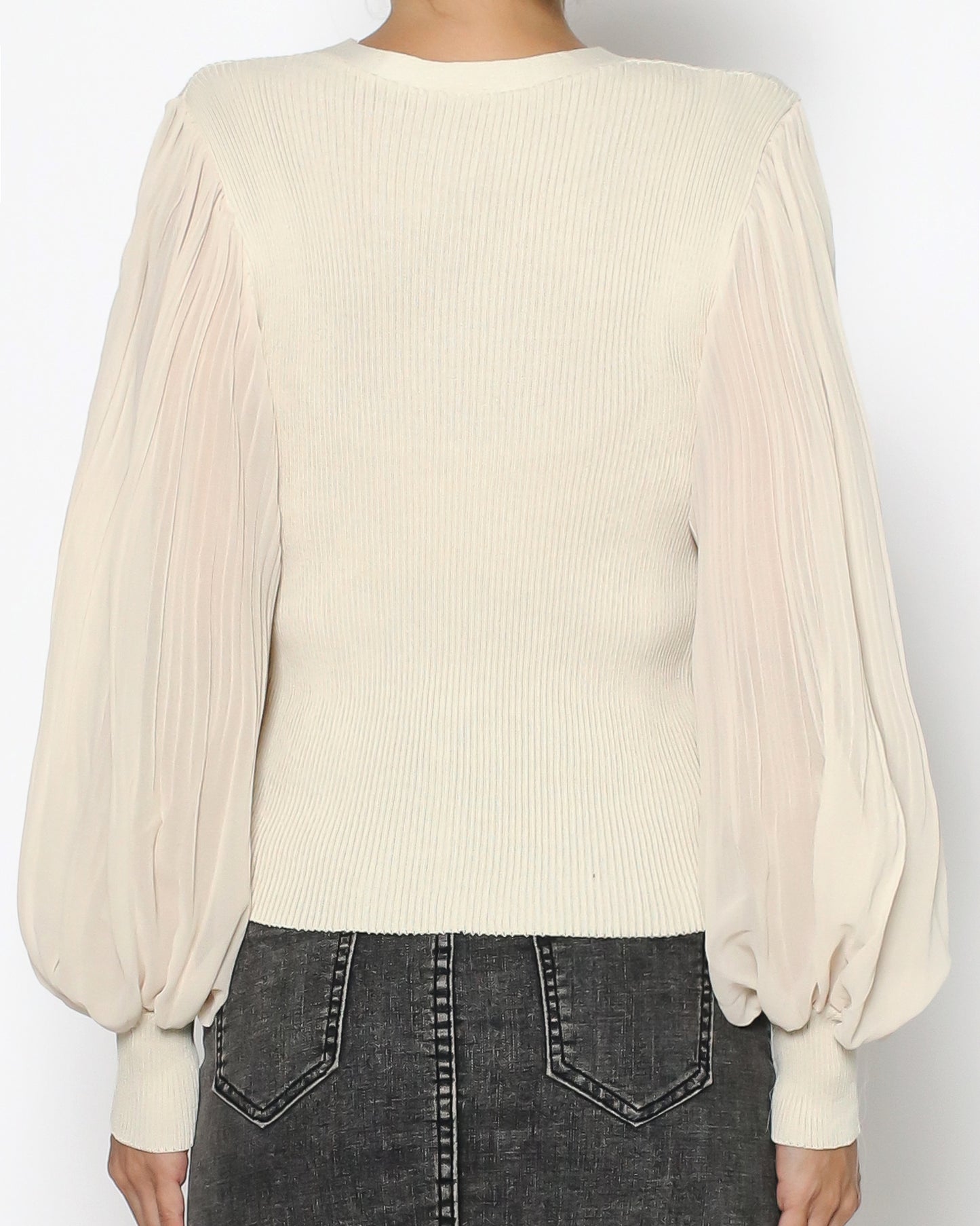 beige & mesh pleats sleeves knitted top *pre-order*