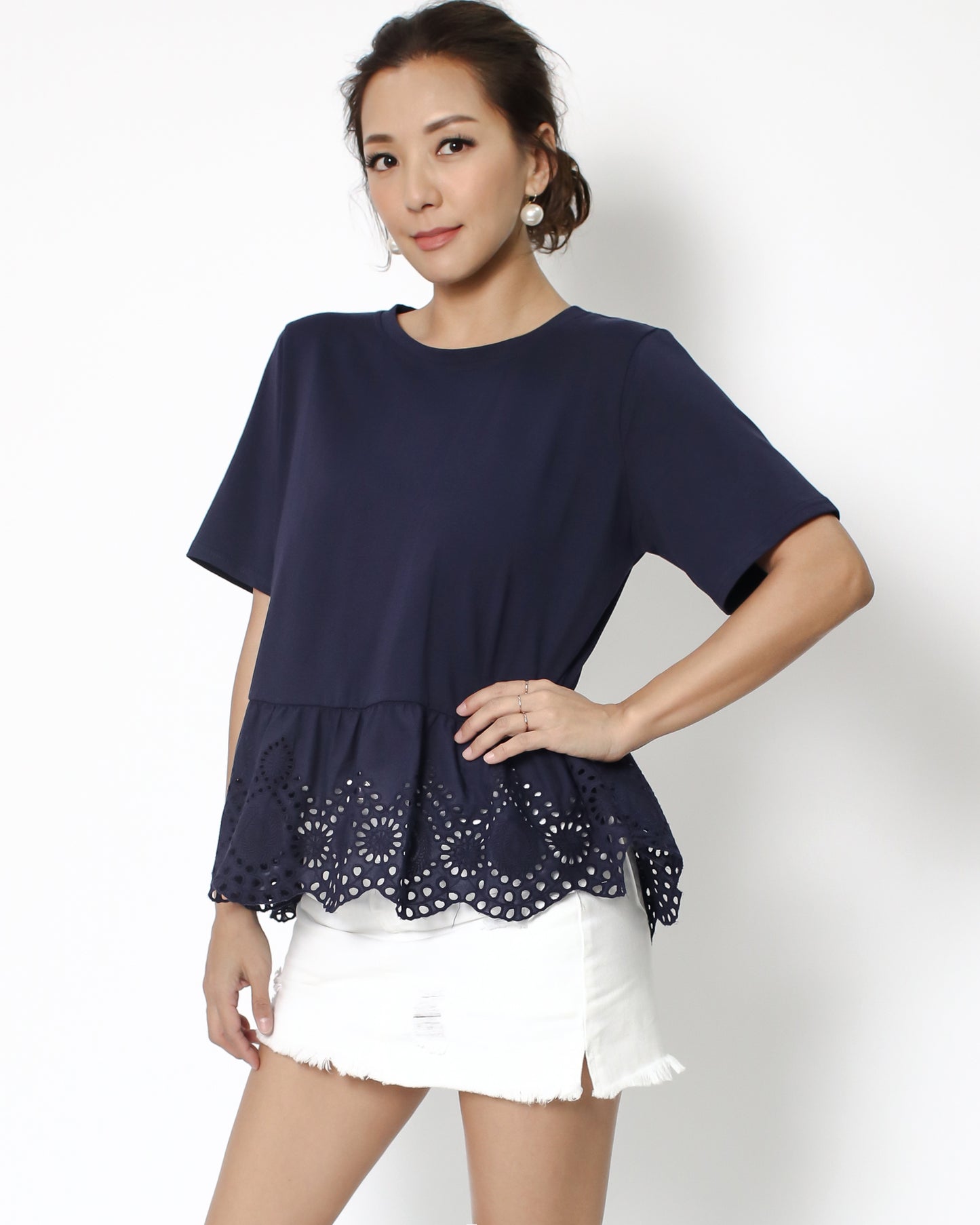 navy tee with crochet frill hem *pre-order*