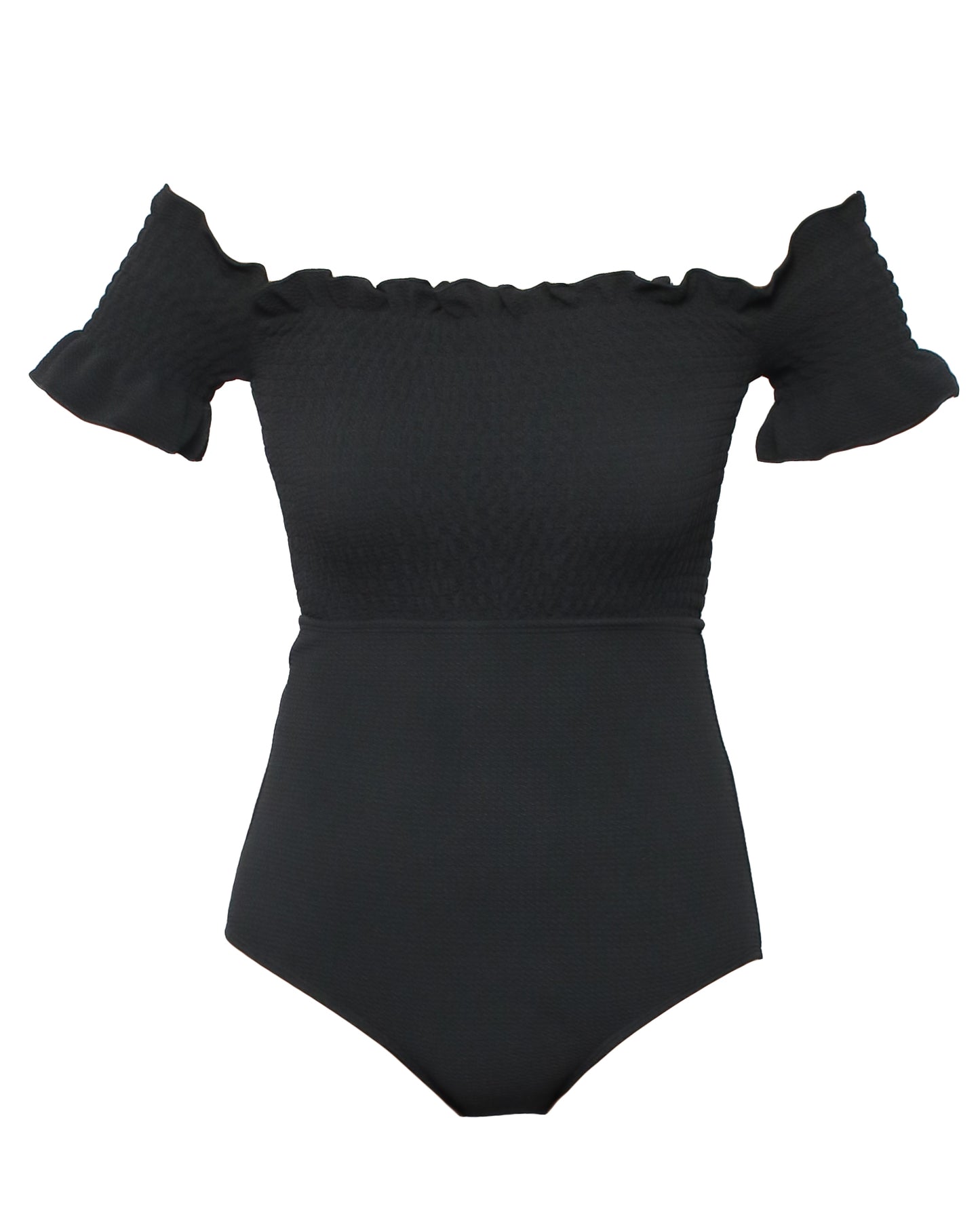 black off shoulders ruched one piece swimsuit *pre-order*