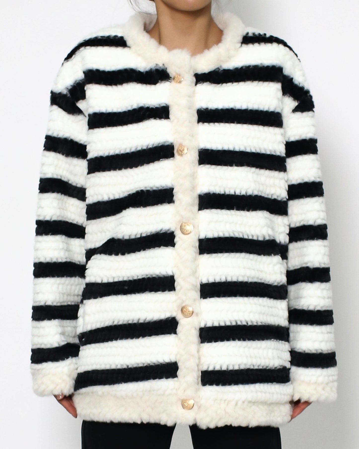 black & ivory stripes furry bomber jacket *pre-order*