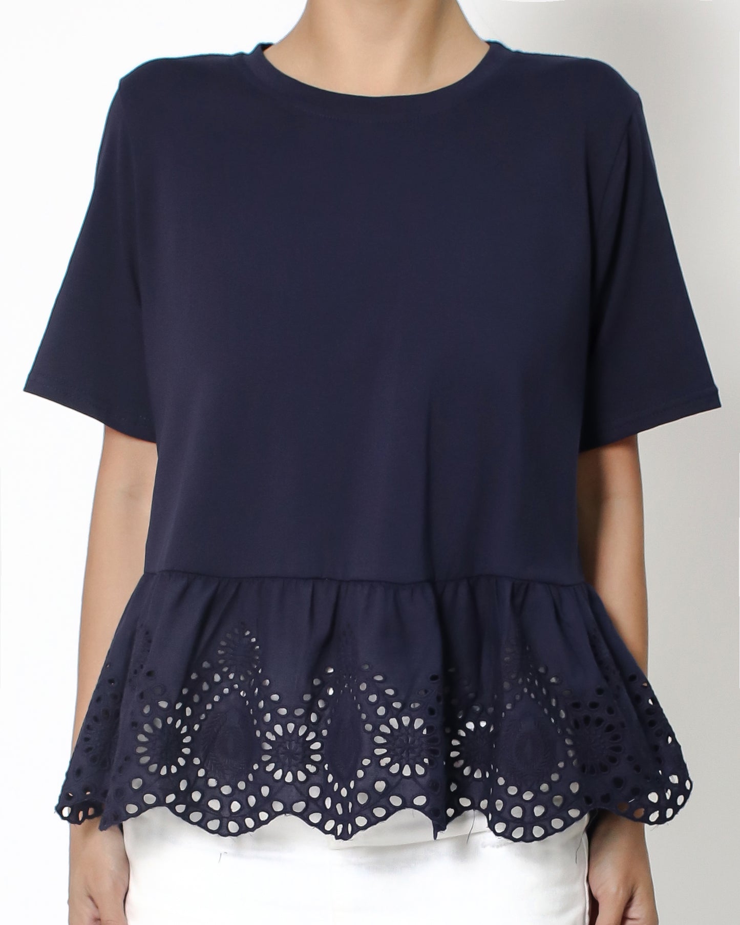 navy tee with crochet frill hem *pre-order*