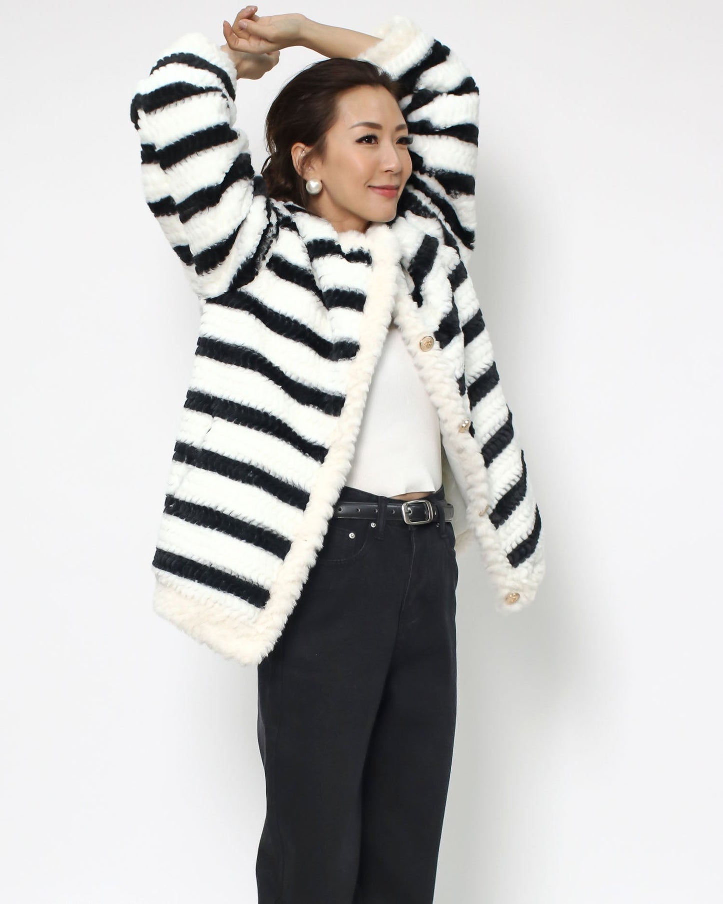 black & ivory stripes furry bomber jacket *pre-order*