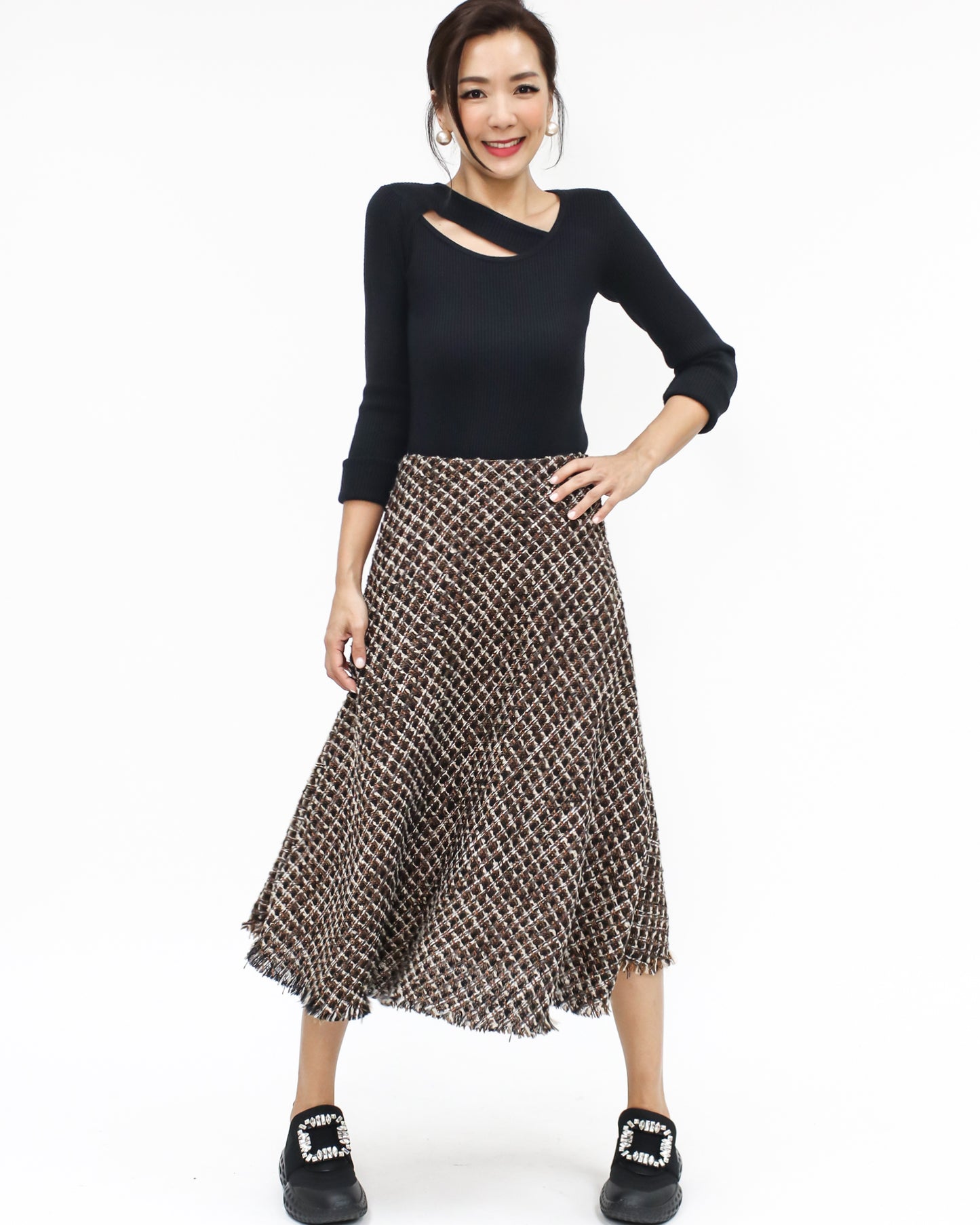 brown tweed flare midi skirt *pre-order*