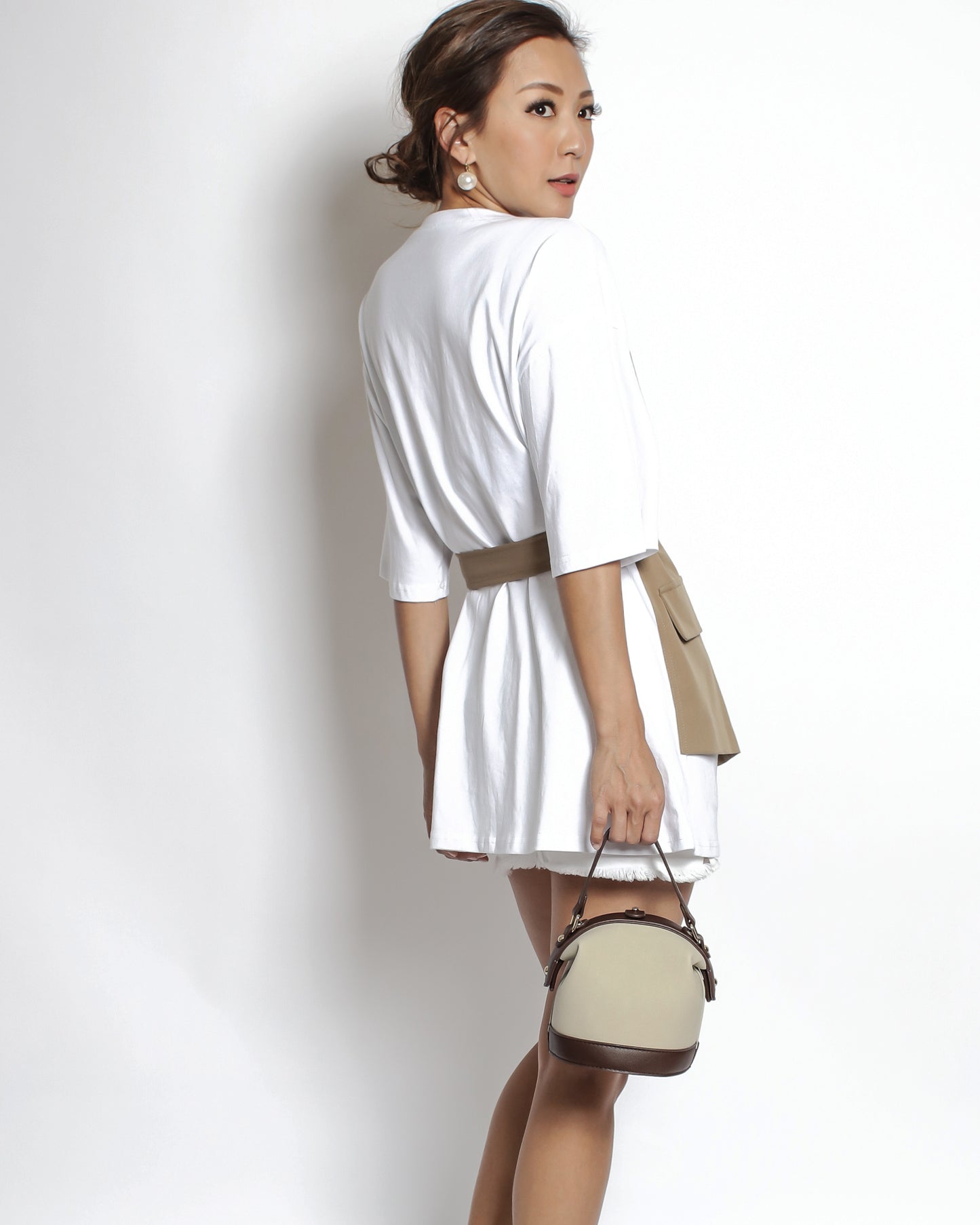 beige faux suede with PU brown leather bucket bag *pre-order*