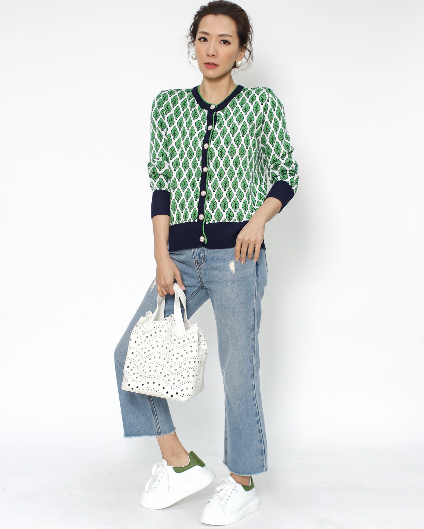 green printed & navy trim knitted cardigan *pre-order*