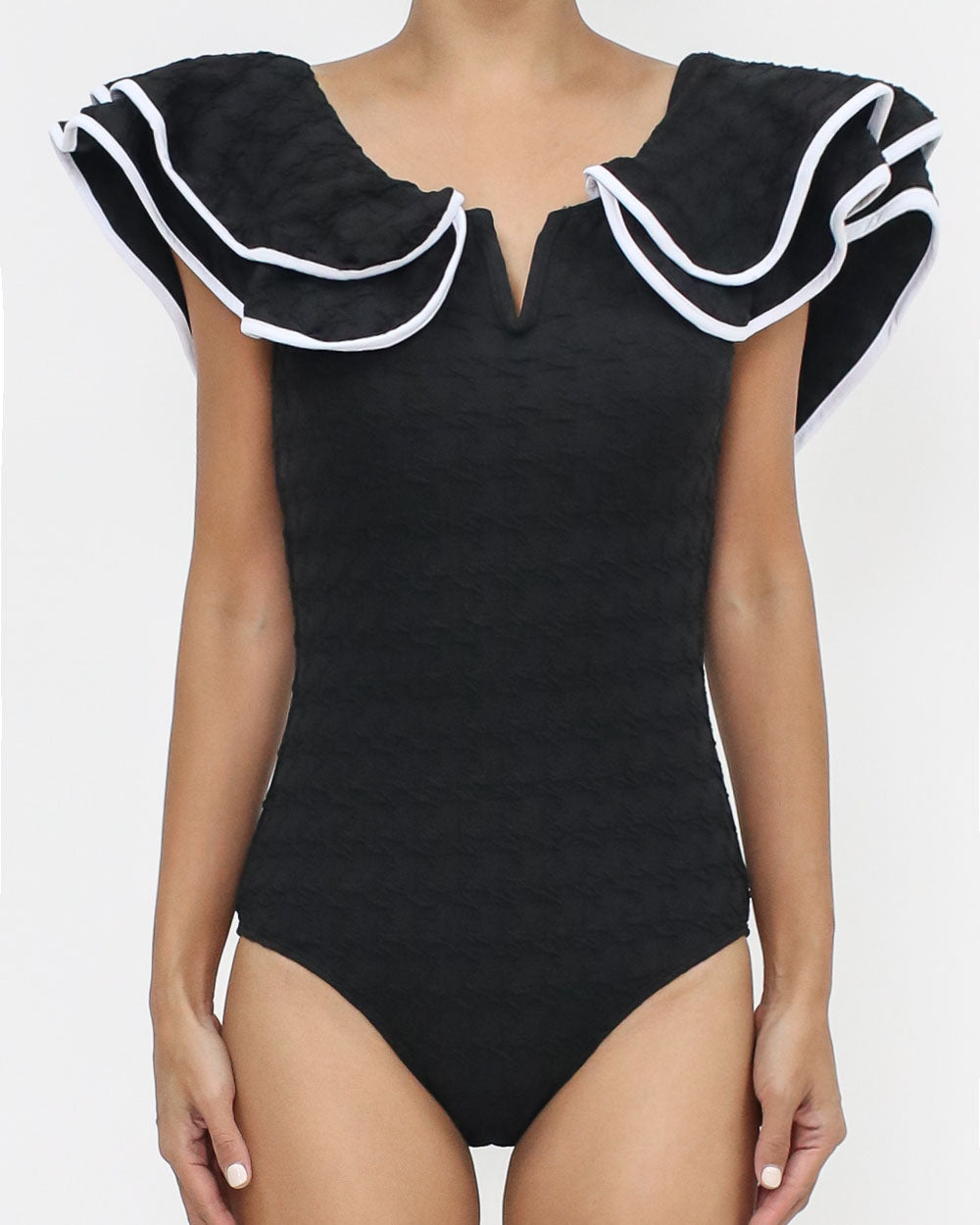 黑色和象牙色飾邊荷葉邊紋理連體泳衣 *預購*