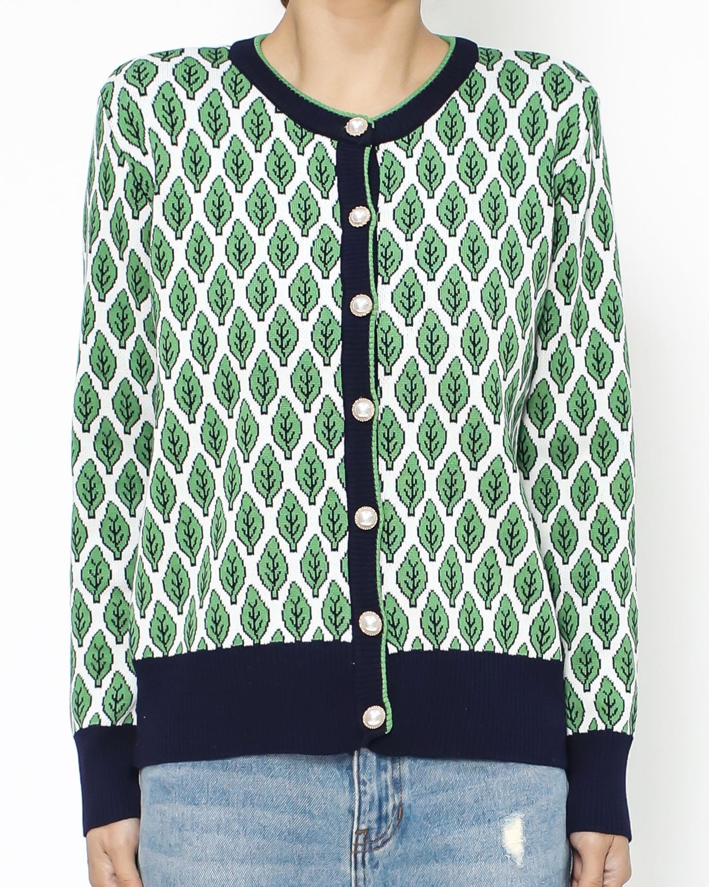 green printed & navy trim knitted cardigan *pre-order*