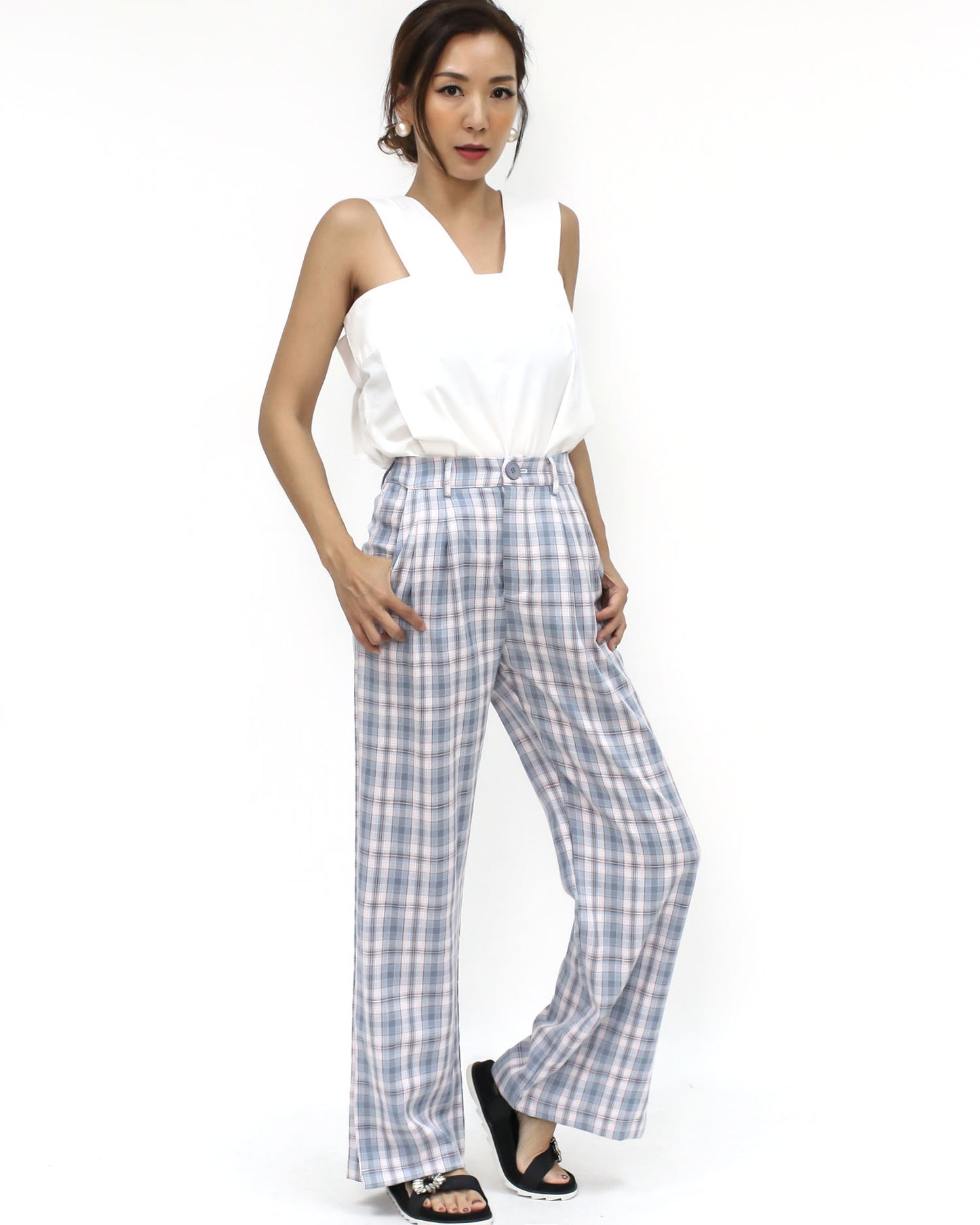 blue checkers split sides straight pants - S