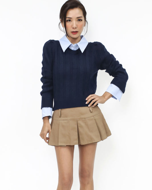 navy knitted & blue shirt collar cuffs top *pre-order*