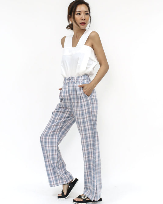 blue checkers split sides straight pants - S