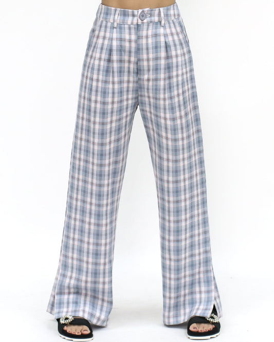 blue checkers split sides straight pants - S