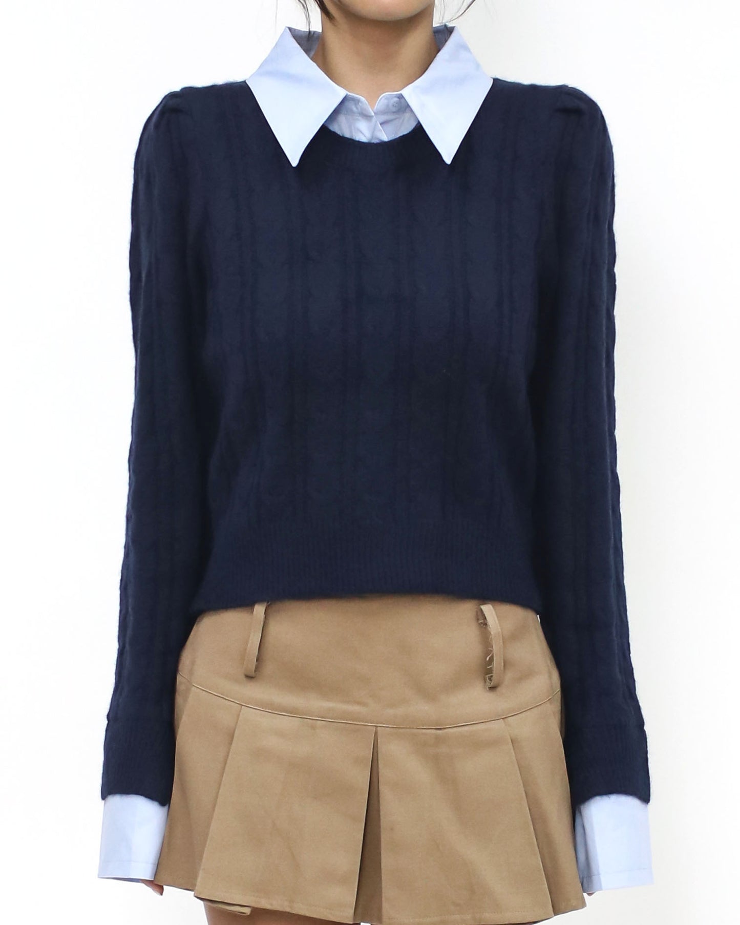 navy knitted & blue shirt collar cuffs top *pre-order*