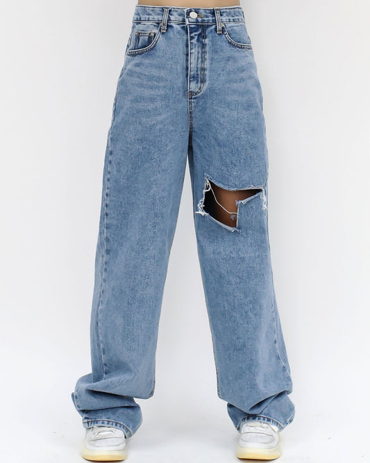denim ripped wide leg jeans - S