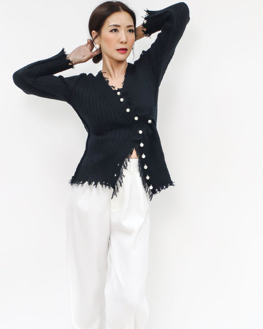 black pearls button asymmetric knitted cardigan