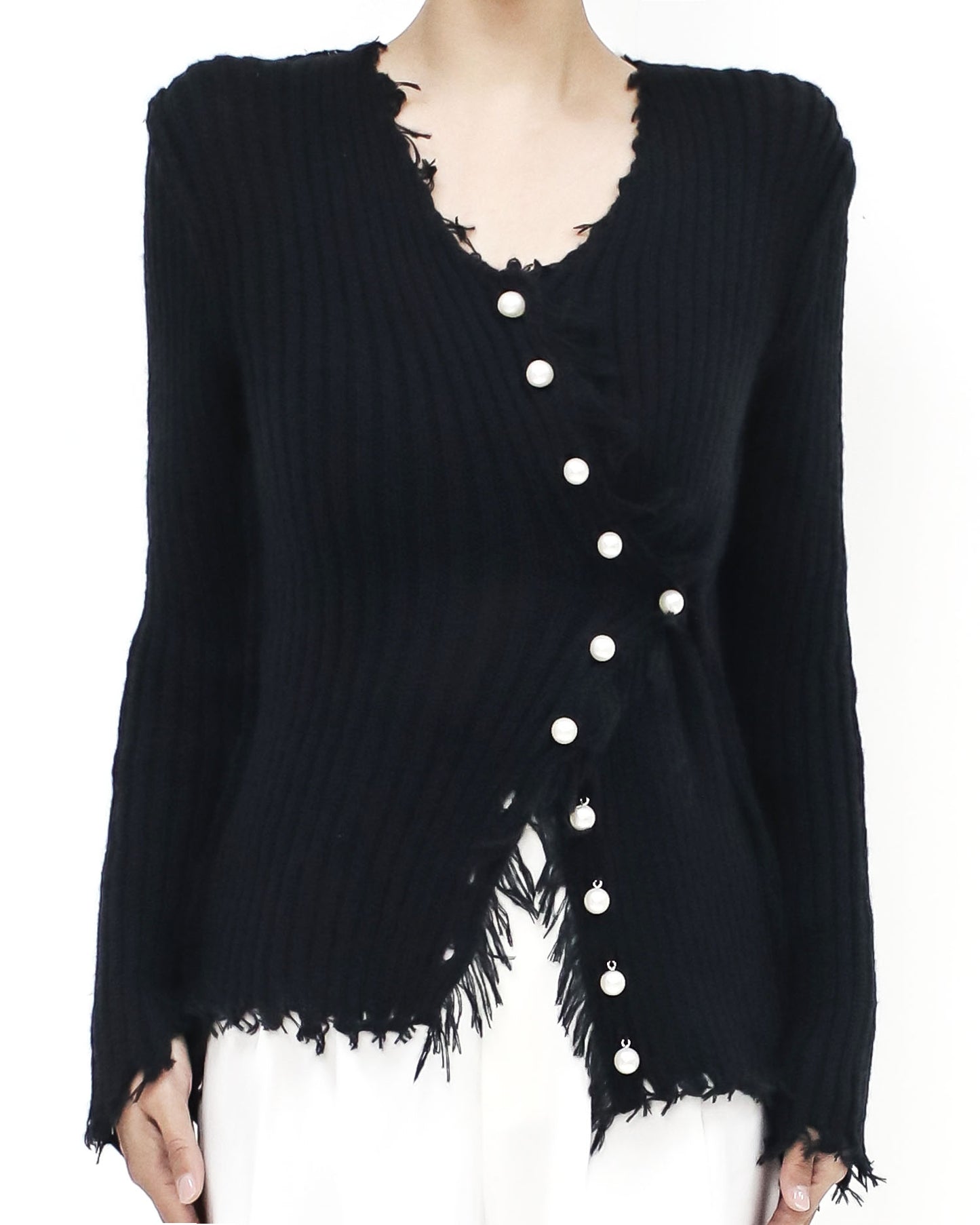 black pearls button asymmetric knitted cardigan