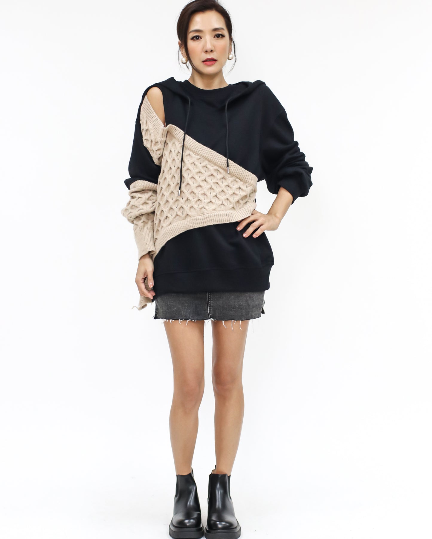 black & beige knitted cutout front hoodie sweatshirt *pre-order*