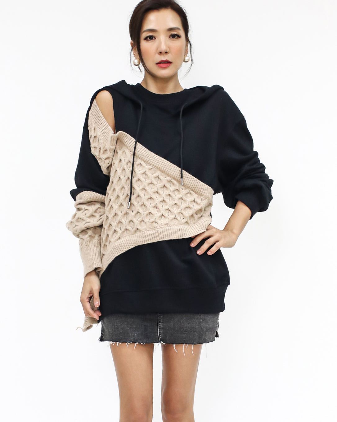 black & beige knitted cutout front hoodie sweatshirt *pre-order*