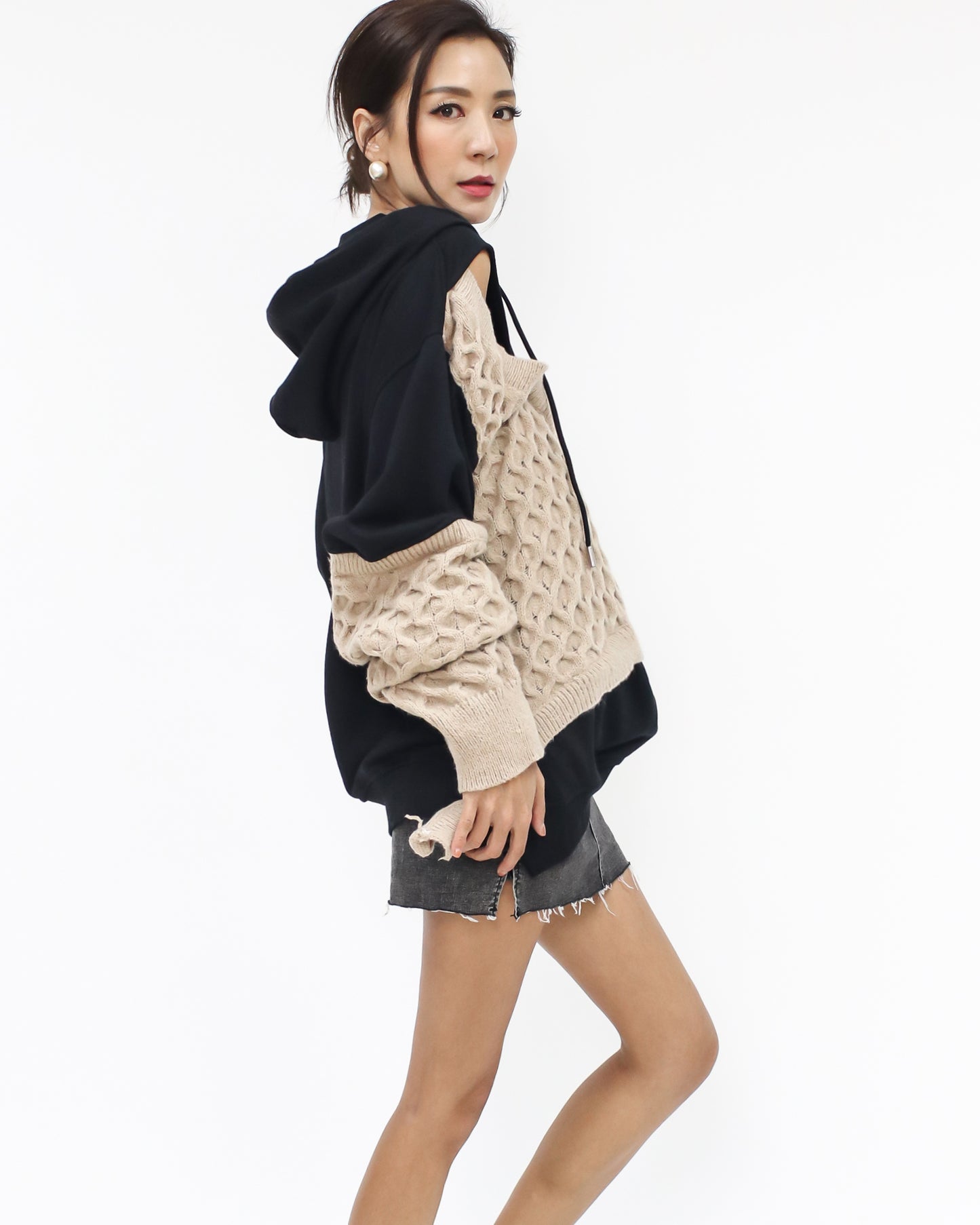 black & beige knitted cutout front hoodie sweatshirt *pre-order*