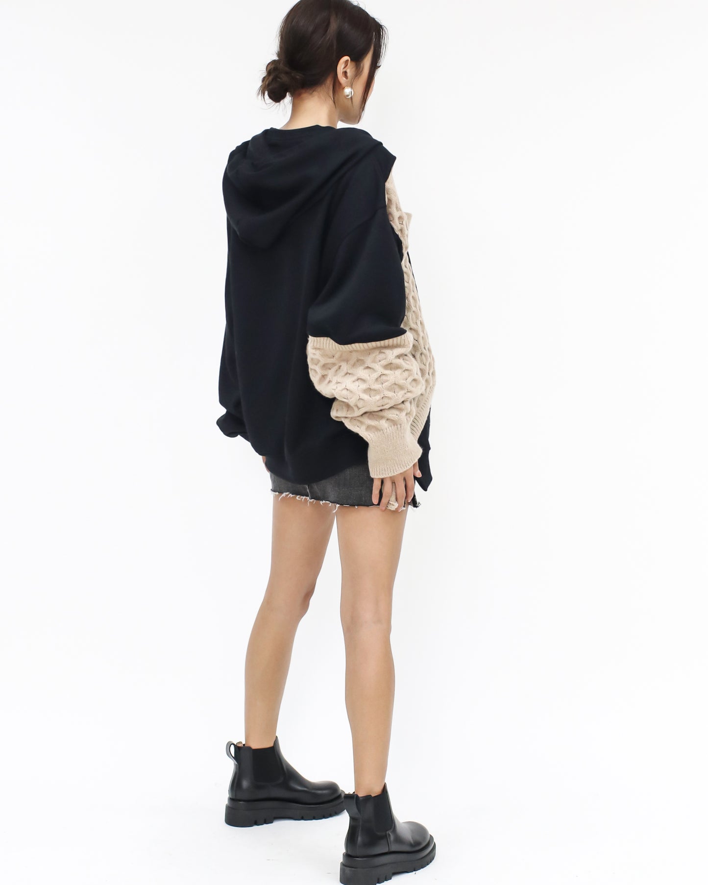 black & beige knitted cutout front hoodie sweatshirt *pre-order*