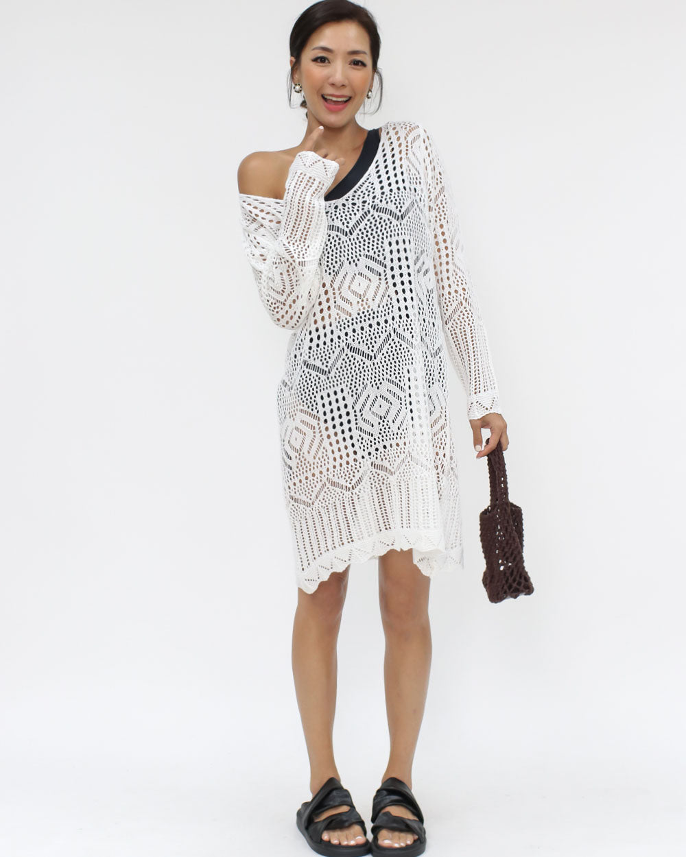 ivory scallop hem net knitted cover up dress *pre-order*