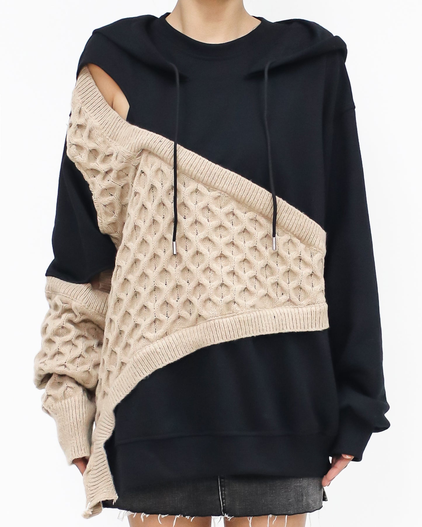 black & beige knitted cutout front hoodie sweatshirt *pre-order*