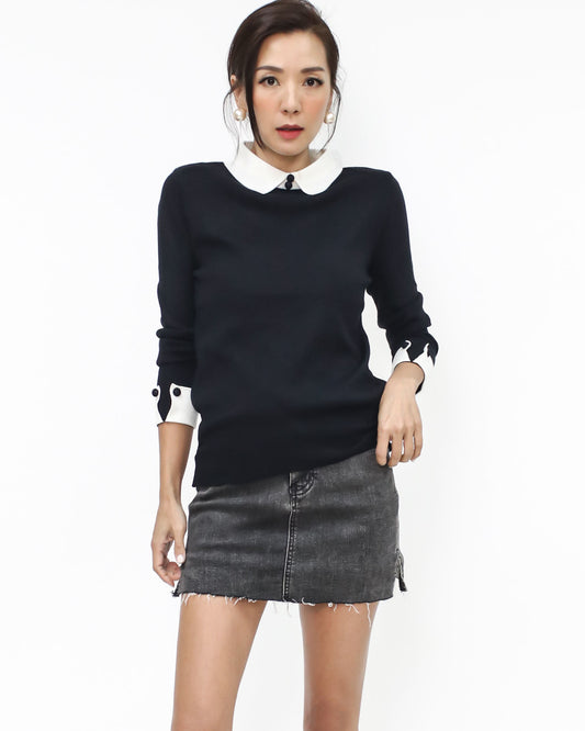 black & ivory collar & cuffs knitted top *pre-order*