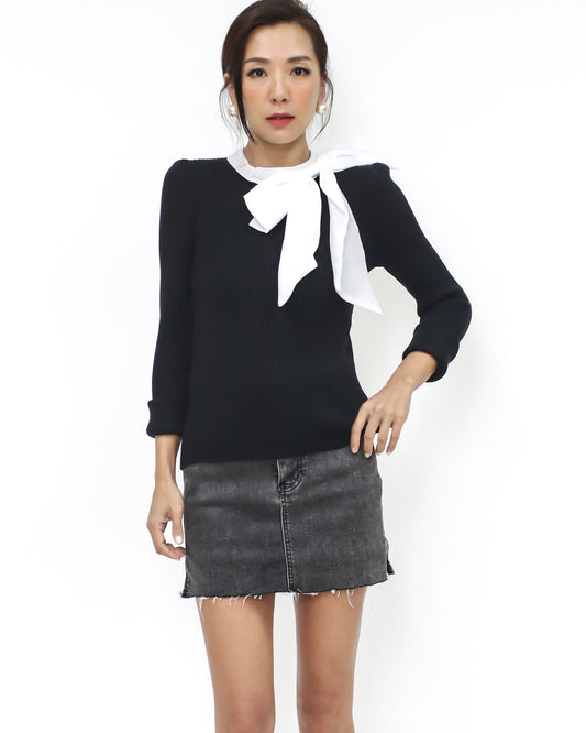 black knitted & ivory shirt bow top