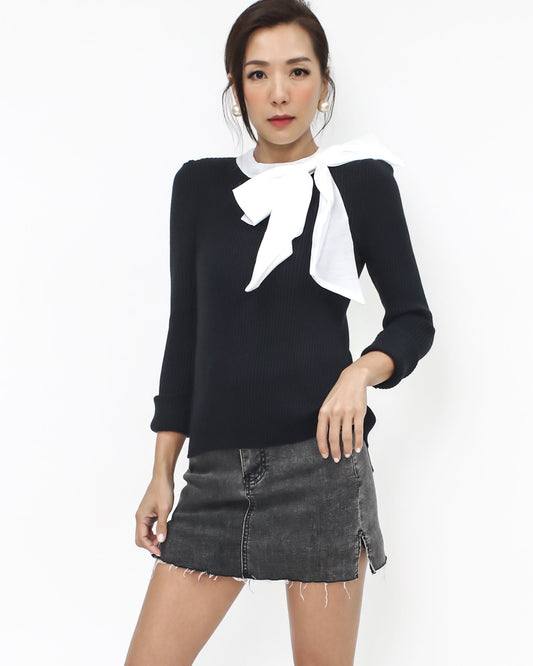 black knitted & ivory shirt bow top *pre-order*