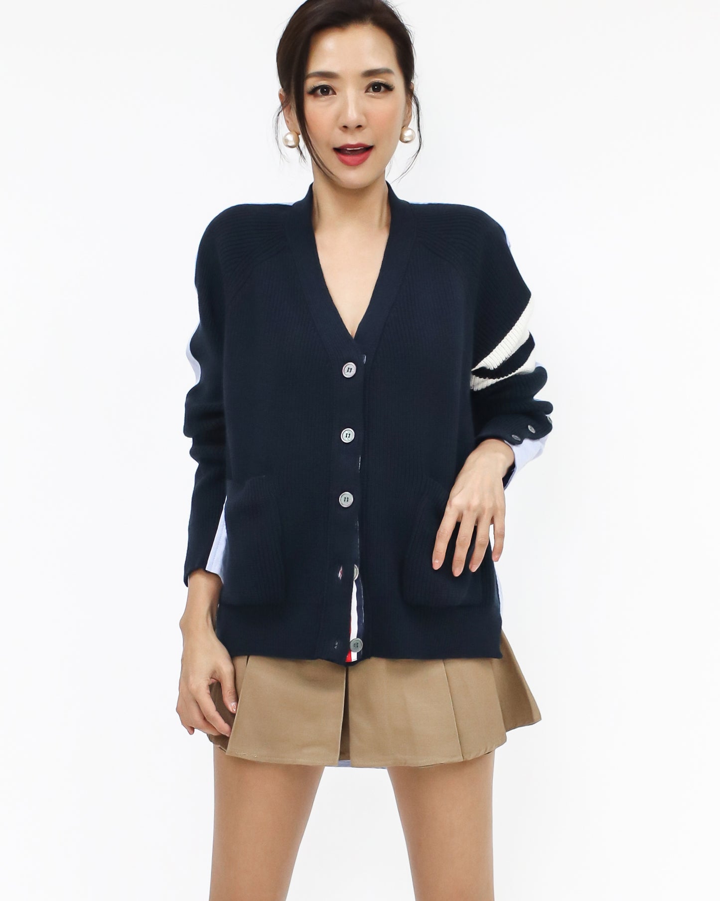 navy knitted & blue shirt cardigan *pre-order*
