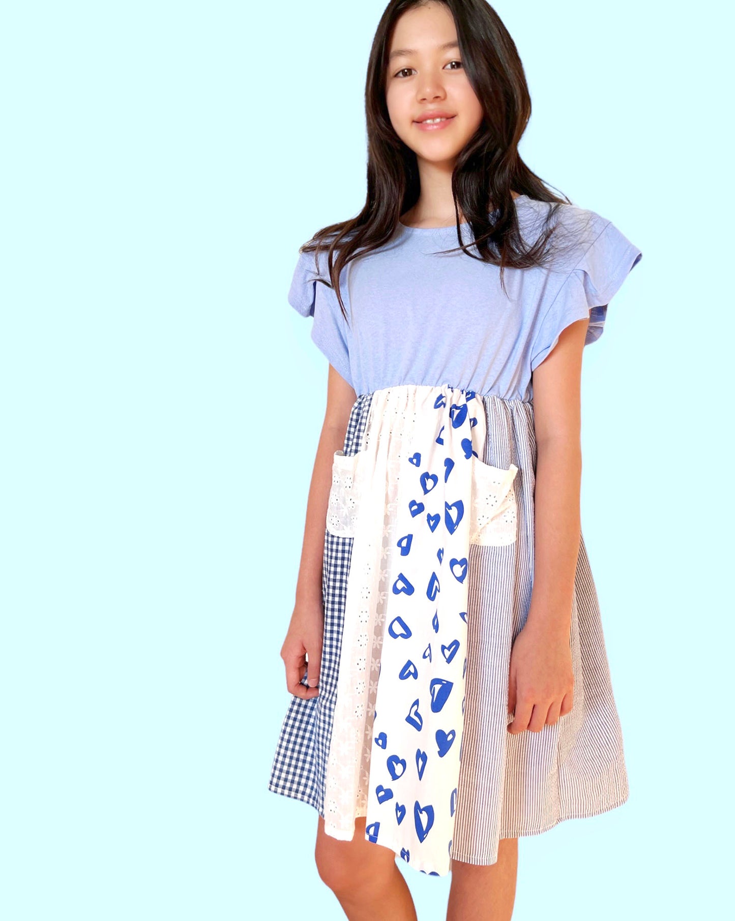 kids - blue tee & ivory shirt contrast dress *pre-order*