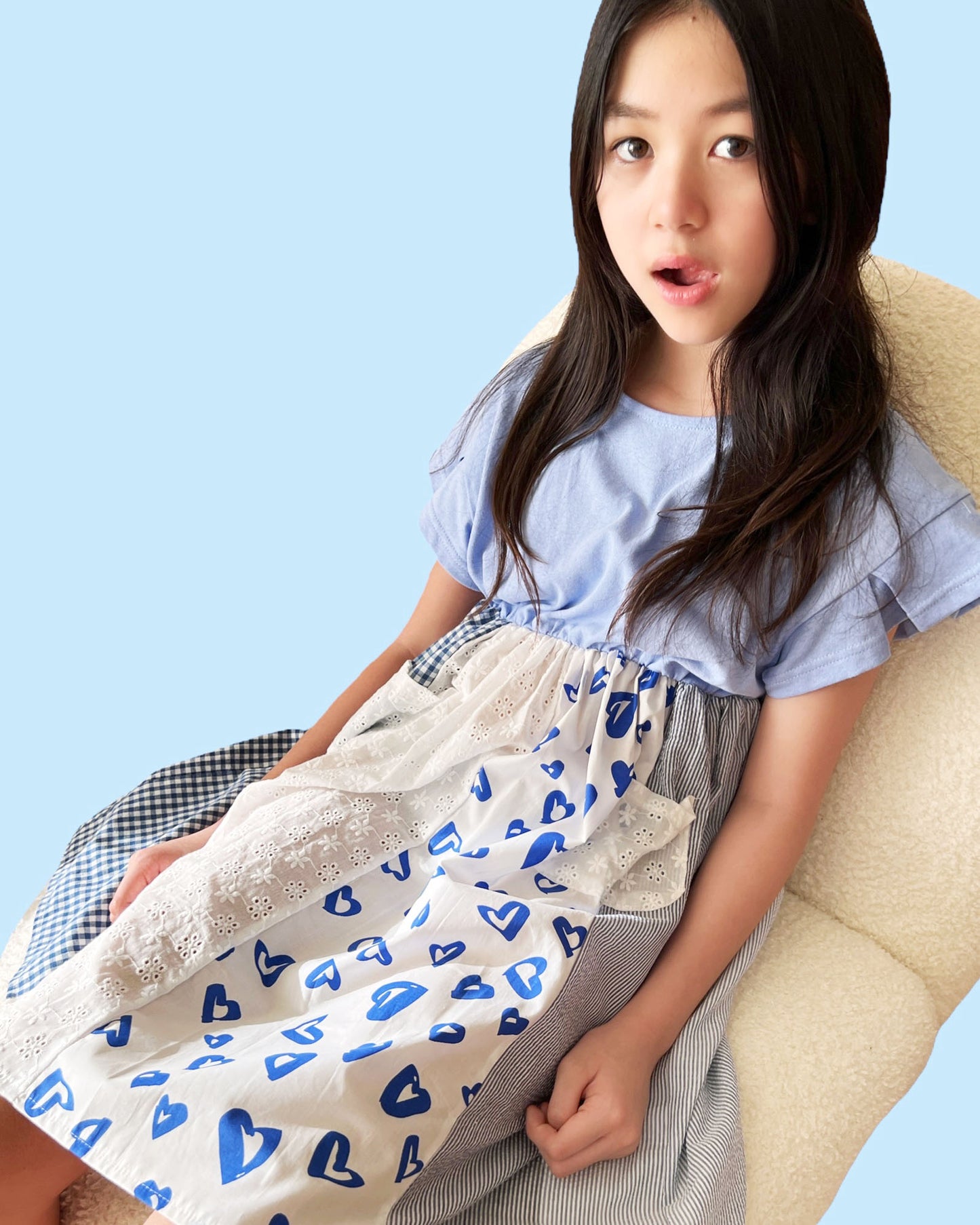 kids - blue tee & ivory shirt contrast dress *pre-order*