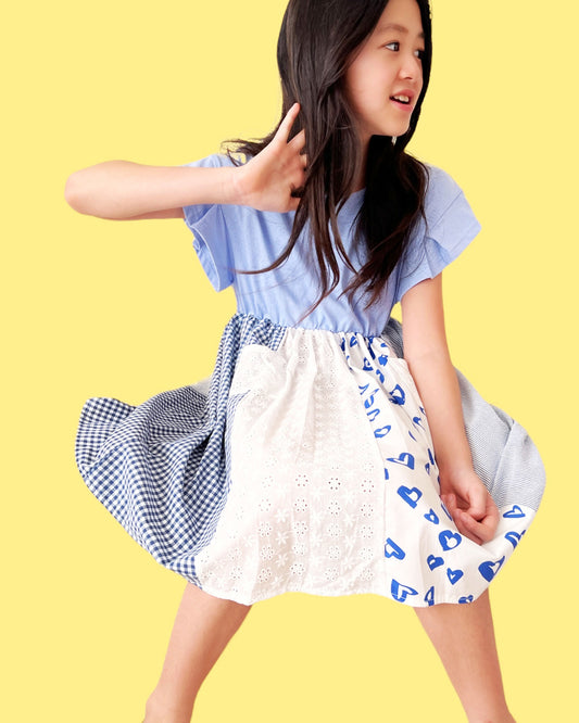 kids - blue tee & ivory shirt contrast dress *pre-order*