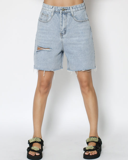 denim ripped mid-rise shorts